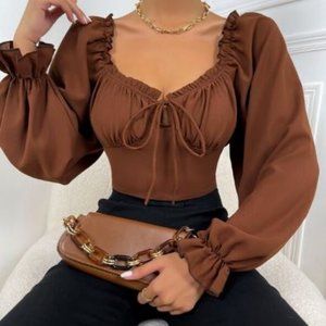 Women SHEIN privé Frill Trim Bell Sleeve Ruched Bust Milkmaid Top Size 6